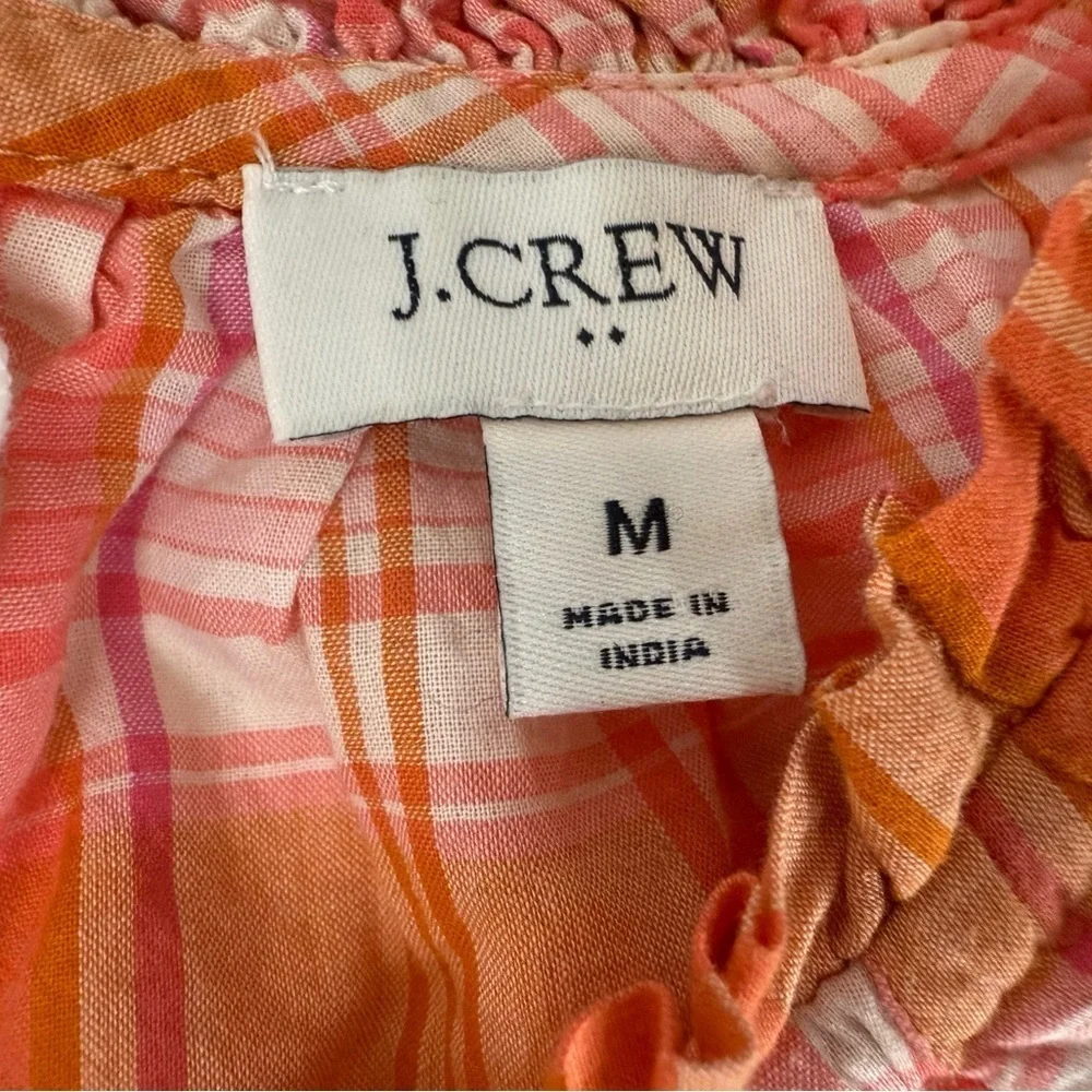 J.Crew Ruffle Tie Back Top Orange Plaid Smocked Neck Sleeve Medium Women. 1143